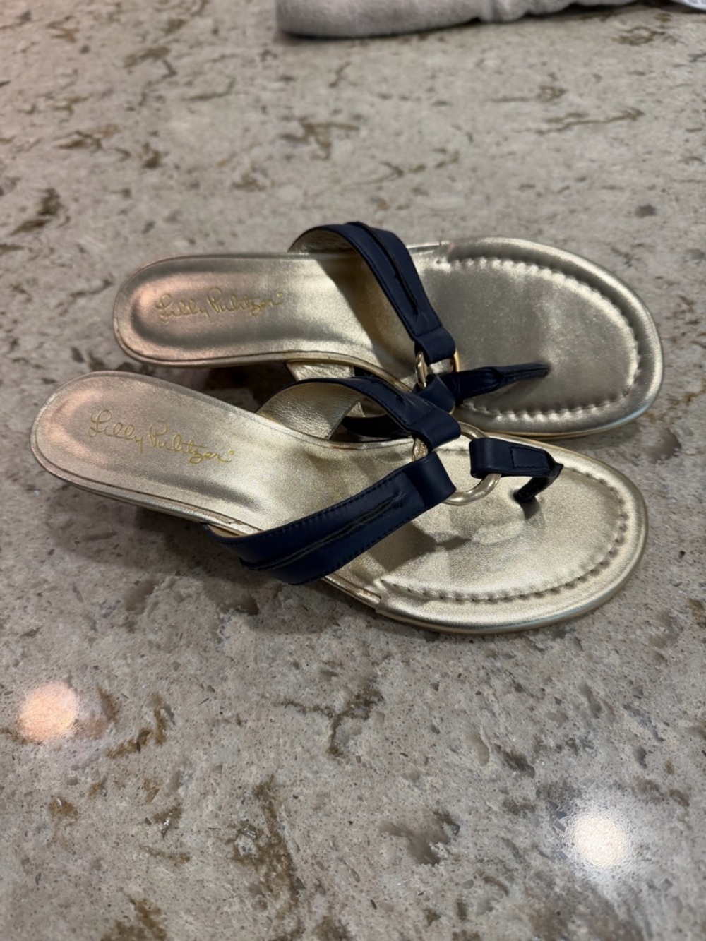 Lilly Pulitzer Navy and Gold Thong Sandals - Women's